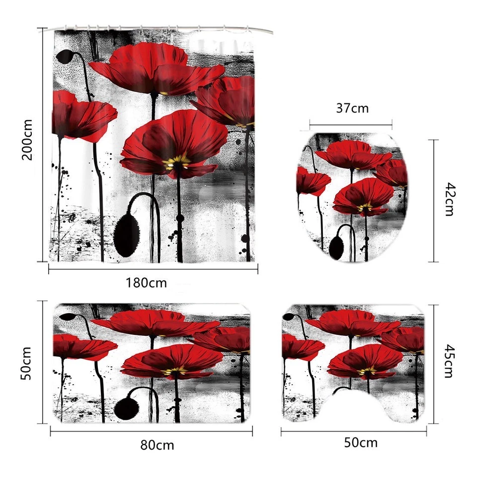 Alfombras de cortina de ducha rojas cubierta de tapa de inodoro alfombra de baño con 12 ganchos Foto 2 de 4