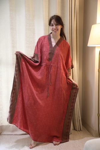Pure Seda Caftán Peach-Red Bata Vestido Largo Mujer Maxi Túnica Ps KFN2817 - Imagen 2 de 10