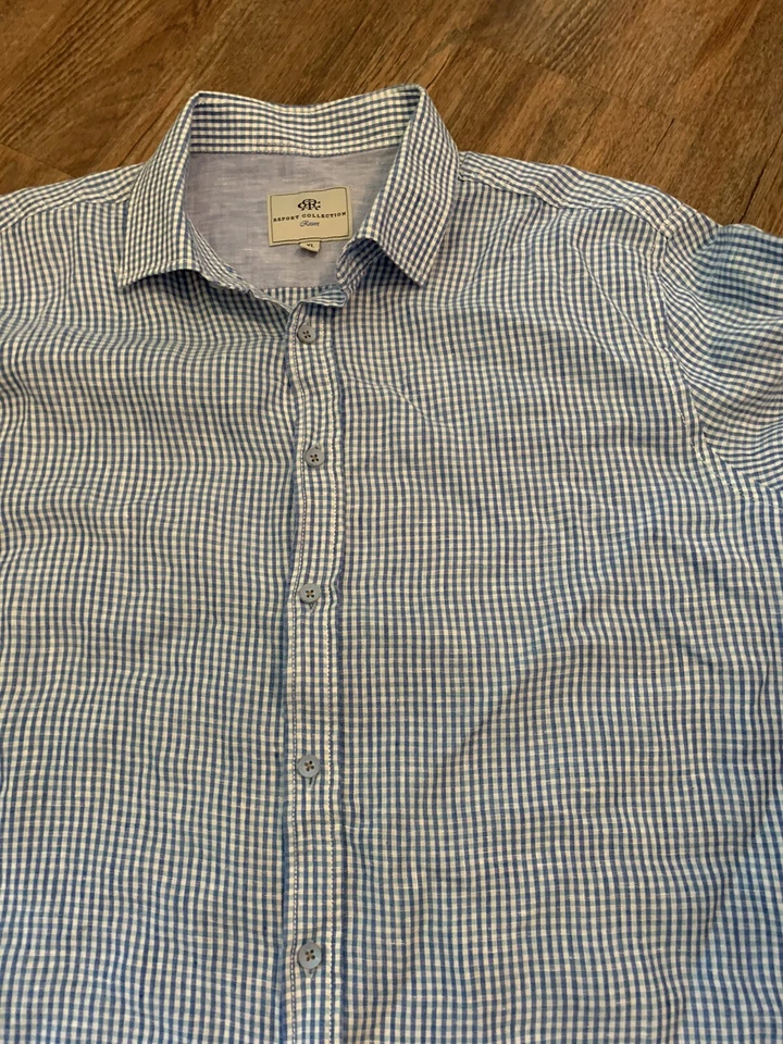 Men's Report Collection Resort Linen S/S Button Front Shirt XL Blue Check - Image 2 of 4