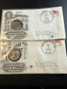 FDC (2) Susan B. Anthony Dollar Denver & San Francisco Mint Stamps Coin 1979 USA