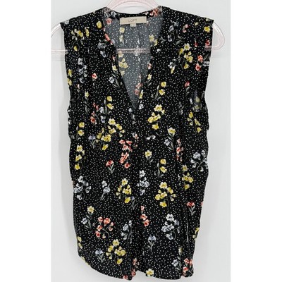 LOFT Womens Black Floral Polka Dot Rayon V-Neck Sleeveless Blouse Top Sz M