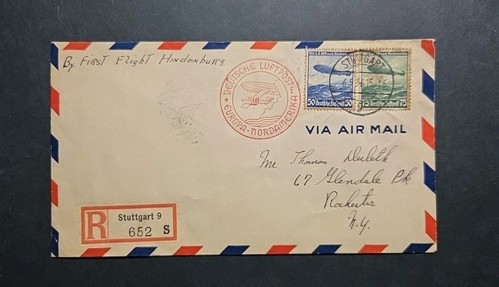 1936 LZ-129 Hindenburg Zeppelin Flown Germany-US First Flight Cover