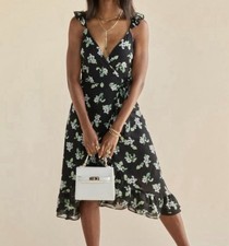 Audrey Parks Black Floral Wrap Dress Ruffles L Sleeveless NWT