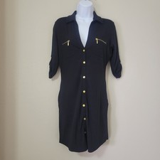 G by Guess Womens Button Front Fitted Shirt Dress Black Size M Roll Tab Sleeves