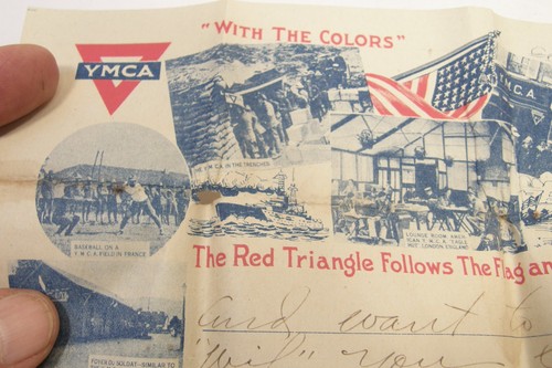 1919 HANDWRITTEN MULTI PAGE LETTER ON PATRIOTIC YMCA WWI WAR EFFORT STATIONERY
