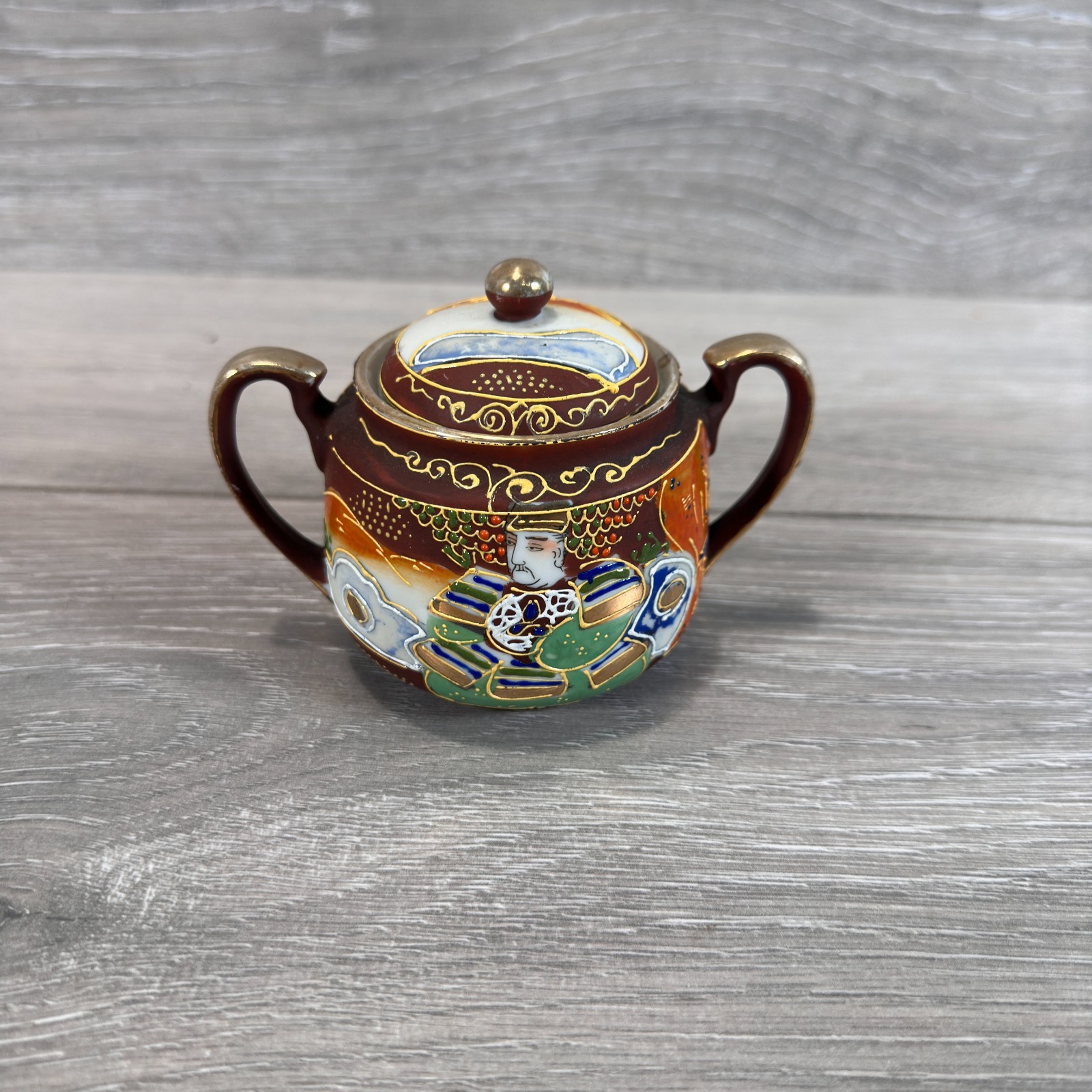 Vintage Mikori Beautiful Samurai Pottery Hand Painted Sugar Bowl