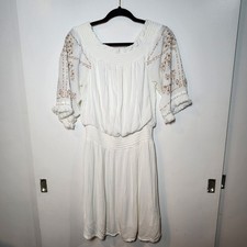 Boho White Embroidered Puff Sleeve Midi Prairie Dress Gauze Feminine Medium