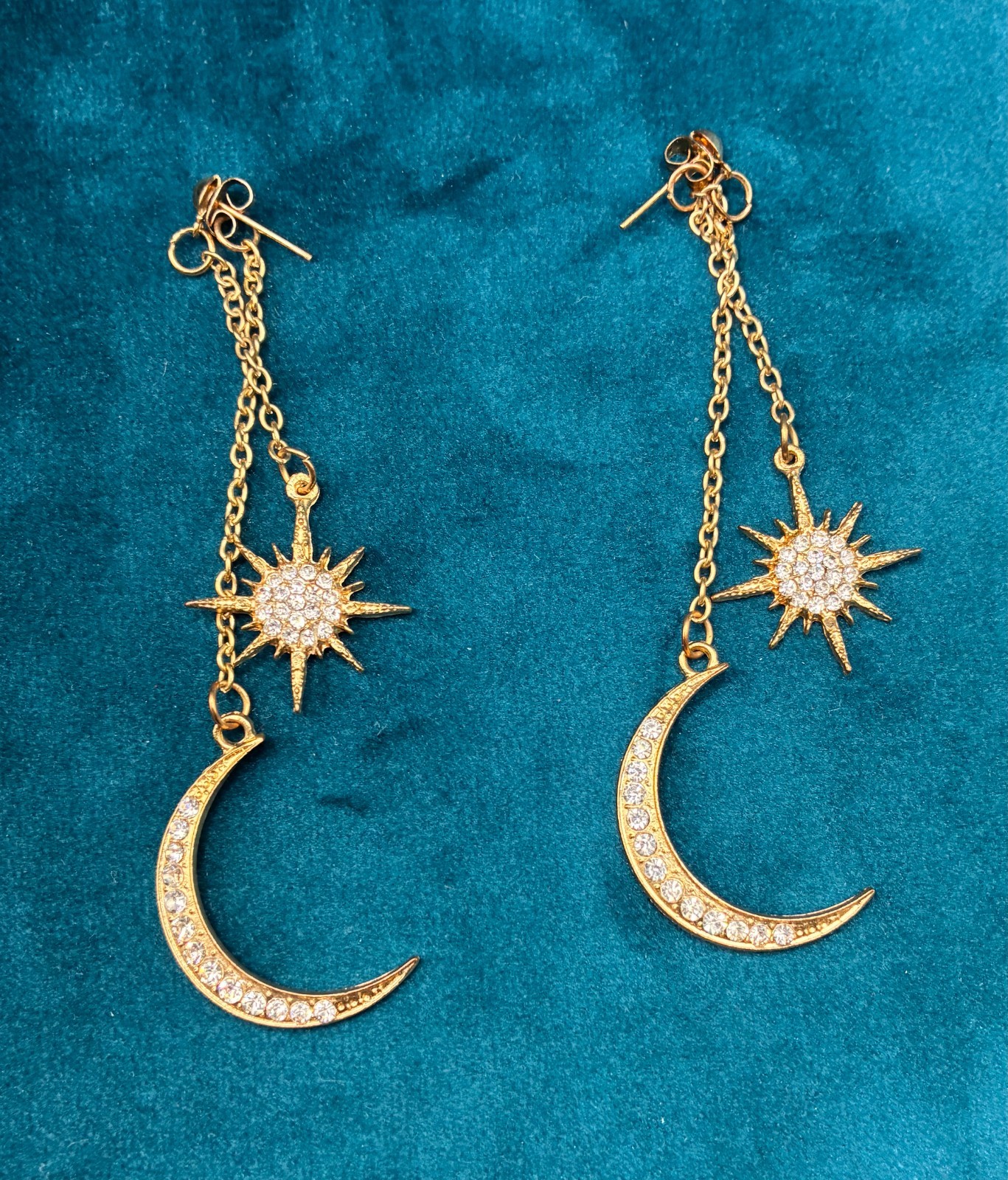 Celestial Star Moon Dangle Earring Post Gold Tone… - image 2
