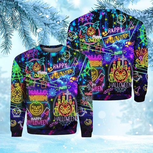 Neon Halloween Night Life Party Colorful Lights Pattern Christmas Ugly Sweater
