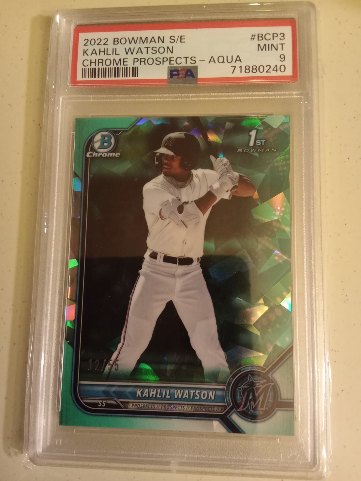 2022 Bowman Chrome SAPPHIRE Kahlil Watson #12/55 AQUA #BCP3 Graded PSA 9 Rookie