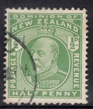 NEW ZEALAND 1909  1/2d GREEN  ' KING EDWARD VII '  STAMP VFU.