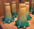 4 Vintage Green Amber Glass Tulip Lily Pad Lamp Shades Tiffany Style Replacement