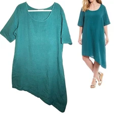 Bryn Walker Euna Shift 100% Linen Tunic Dress Asymmetrical Hem Teal Green Size M