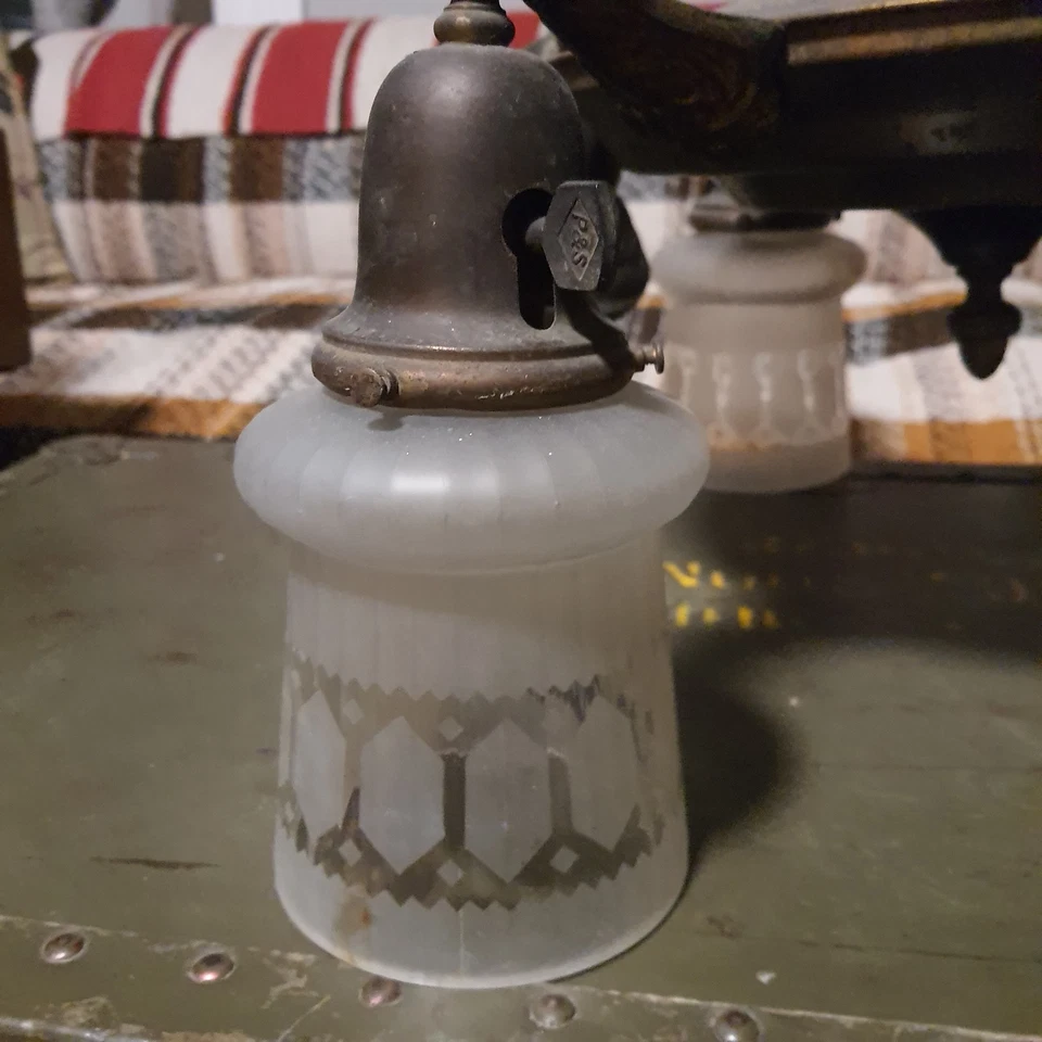 Antique Art Nouveau 1910's Drop Pan Chandelier Light Fixture 3 Frosted Shades - Image 3 of 4