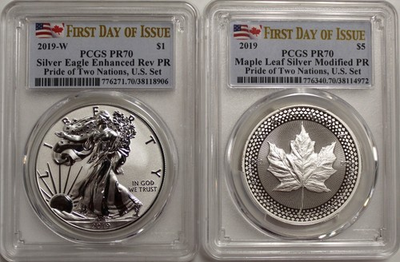 #ad 2019 Pride of Two Nations Silver Eagle and Maple Leaf 2 Coin Set PCGS PR70 FDOI $345.00