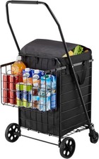 Shopping Cart, Folding Grocery Utility Cart with Dual Baskets, Waterproof Liner