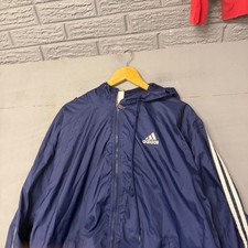 Adidas Vintage Navy Blue Three Stripe Hooded Windbreaker Track Jacket Full Zip