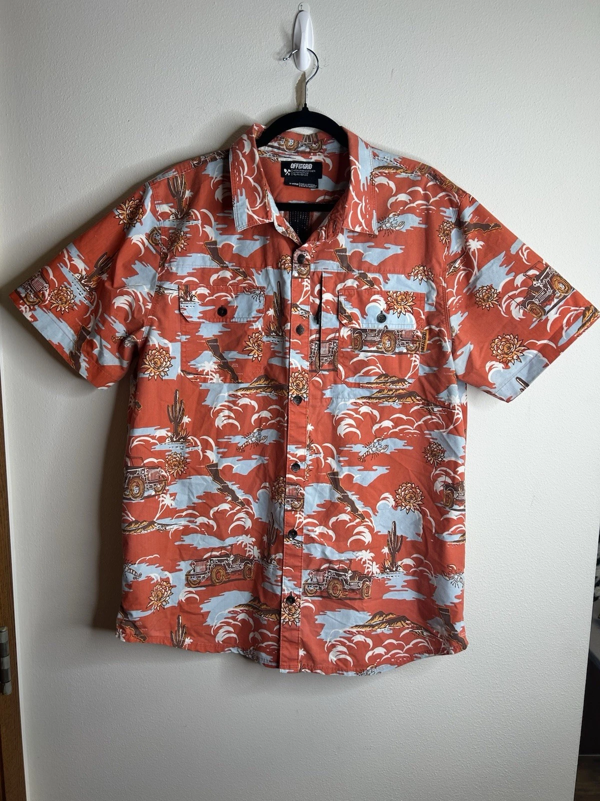 Off The Grid mens XL Hawaiian button-up shirt in orange ripstop fabric.