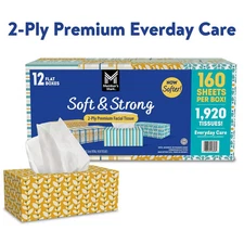 Member’s Mark 2-Ply Facial Tissues, Flat Boxes (160 tissues/box, 12 boxes)