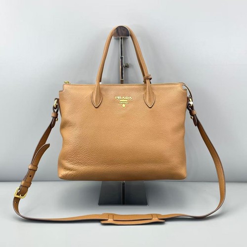 Prada 2WAY Brown Caramel  Leather Zip Top Tote Crossbody Bag AUTH
