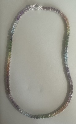 Judith Ripka Sterling Silver 925 Rainbow CZ Tennis Necklace 18  RARE