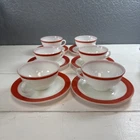 PYREX Vintage White Milk Glass Coffee/Tea Cups & Saucers Pink/Red Band, Set of 6