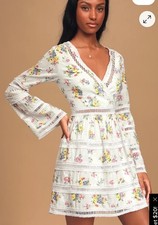 Lulus Spring to Mind White Floral Print Eyelet Lace Mini Dress Size Womens Small