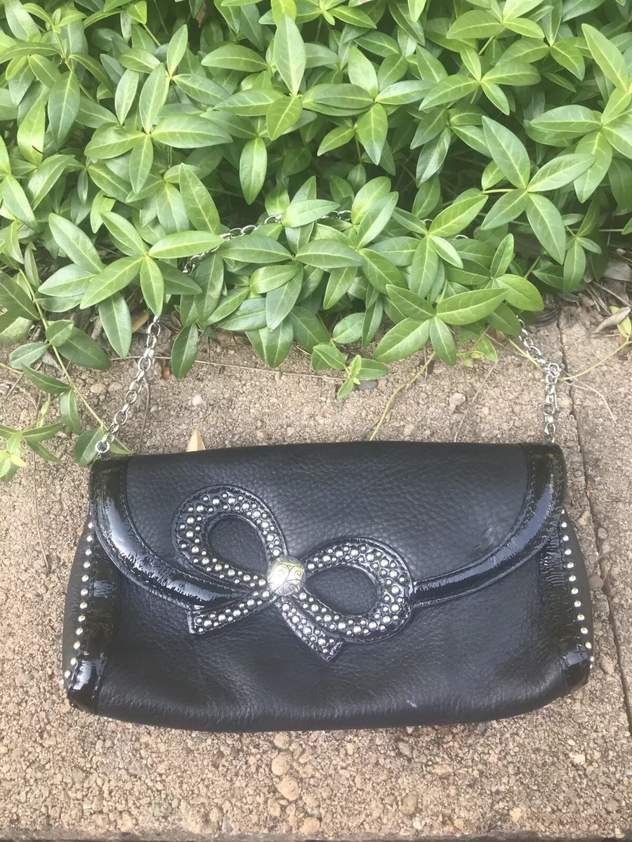 BRIGHTON Classic Black Pebbled Leather Fold Over Wallet Clutch Purse Bag Bow