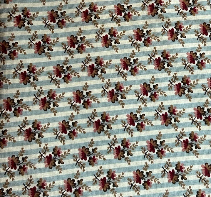 Marcus Fabrics Blue Stripes Pinks Floral Cotton Fabric Remnant 33"x25" - Image 2 of 2