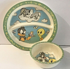 Vtg Baby Looney Tunes Plate Bowl Child Melamine Divided Set Zak '98 Bugs Daffy