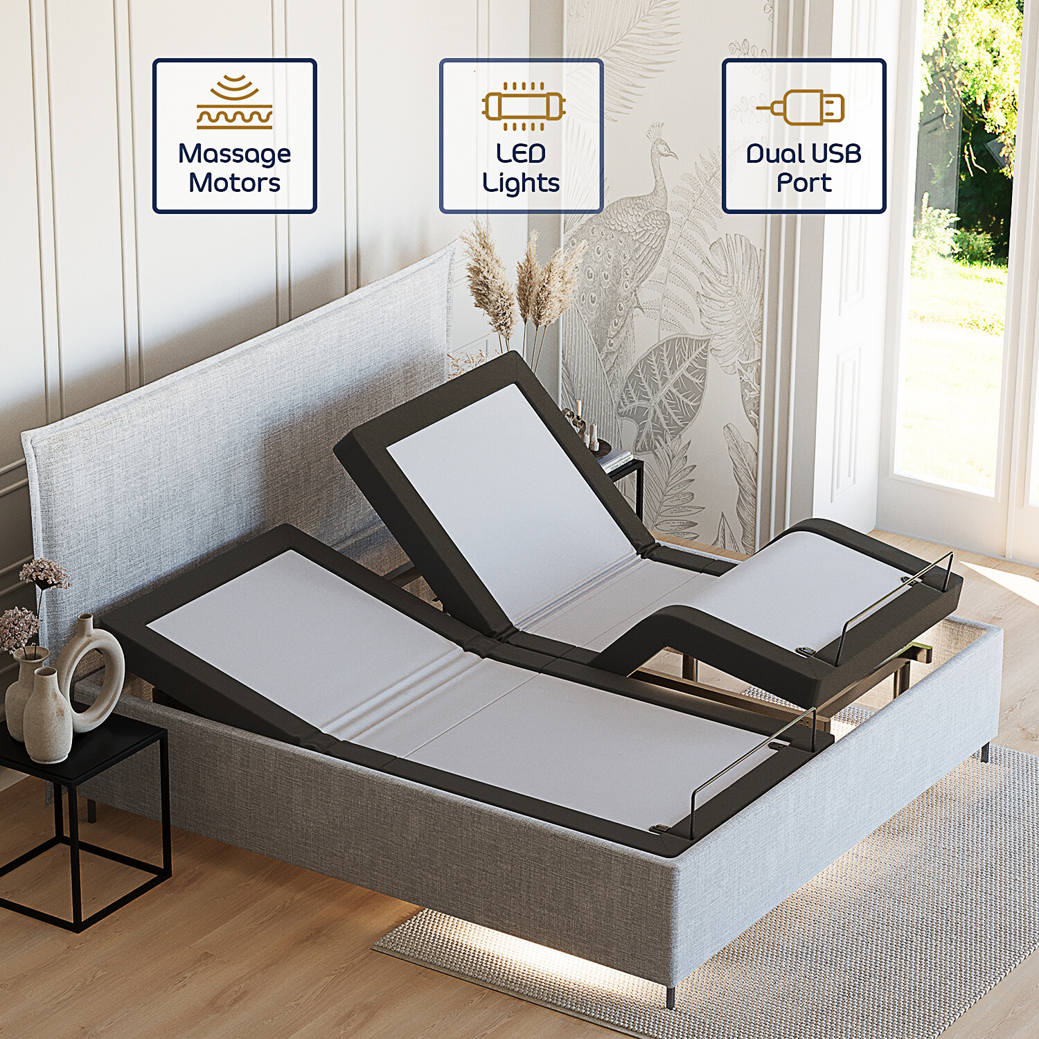 Adjustable Bed Base Massage Bed Frame Optional Mattress, Remote, USB
