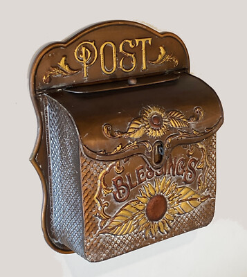 Blessings Mailbox with Embossed Sunflower Copper Toned Weathered Finish Post Box