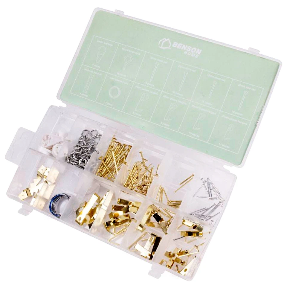 SET GANCI PER I QUADRI IN SCATOLA CON CHIODI - SET APPENDI QUADRI - 162 PEZZI - Immagine 2 di 3