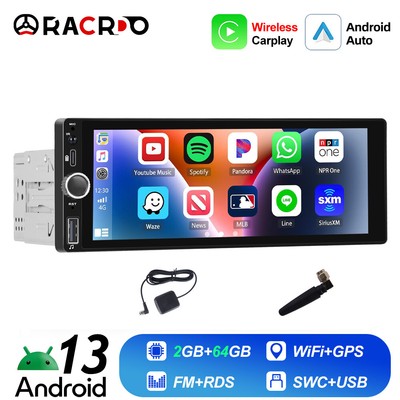 2+64GB Single 1DIN 6.86'' Android 13 HD Car Stereo Carplay GPS Navi WiFi Radio FM