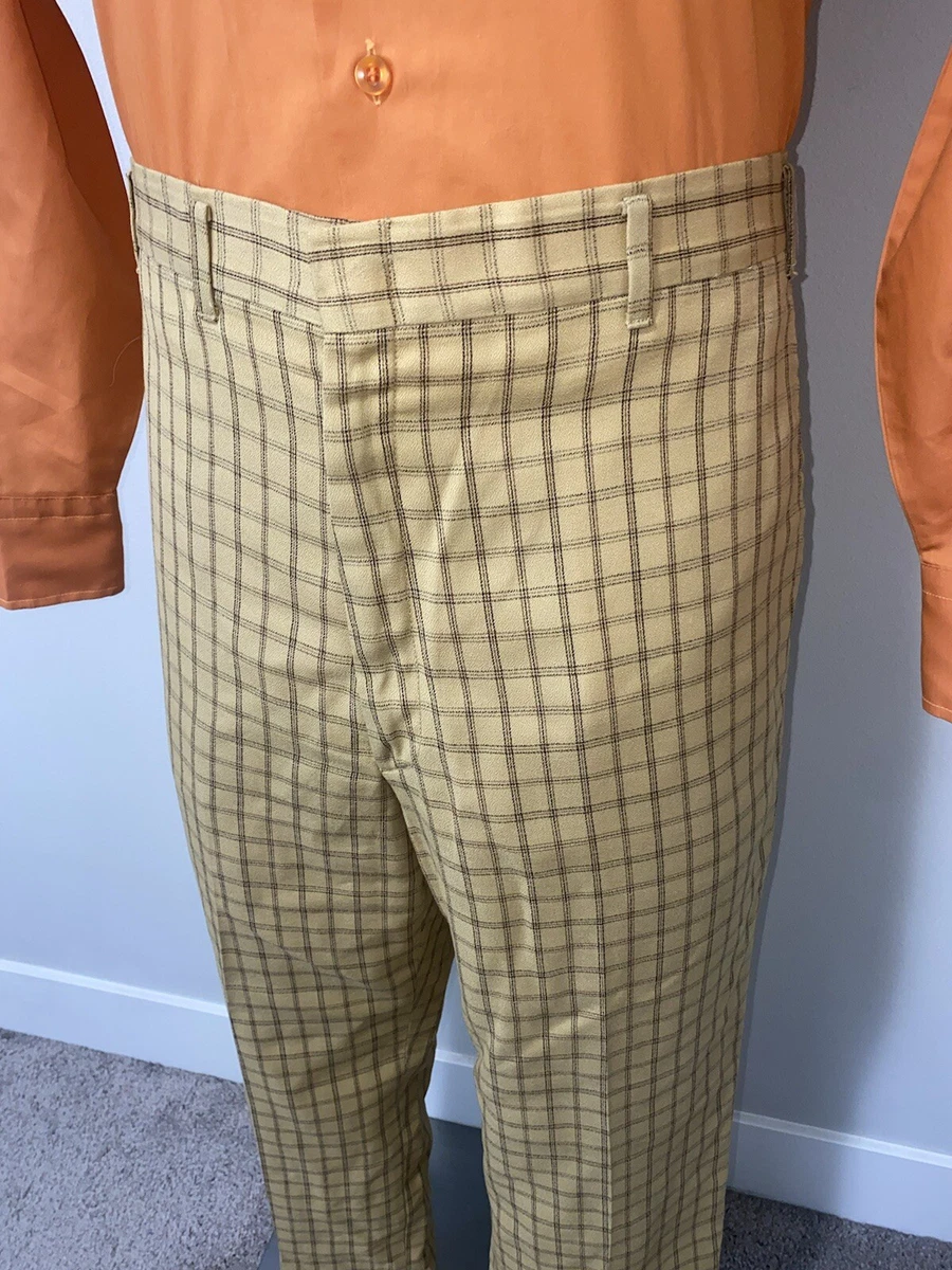 Vtg 50s 60s Polyester Pants Midcentury Disco Leisure Suit Gold Plaid Mens  36 32