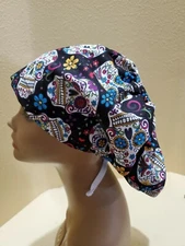 Sugar Skulls (black) Women's Euro/Chef Surgical Scrub Hat/Cap Handmade