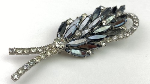 Vintage Silver Tone Pin Brooch Smoky Stones 2-Stem Flower - Picture 7 of 10