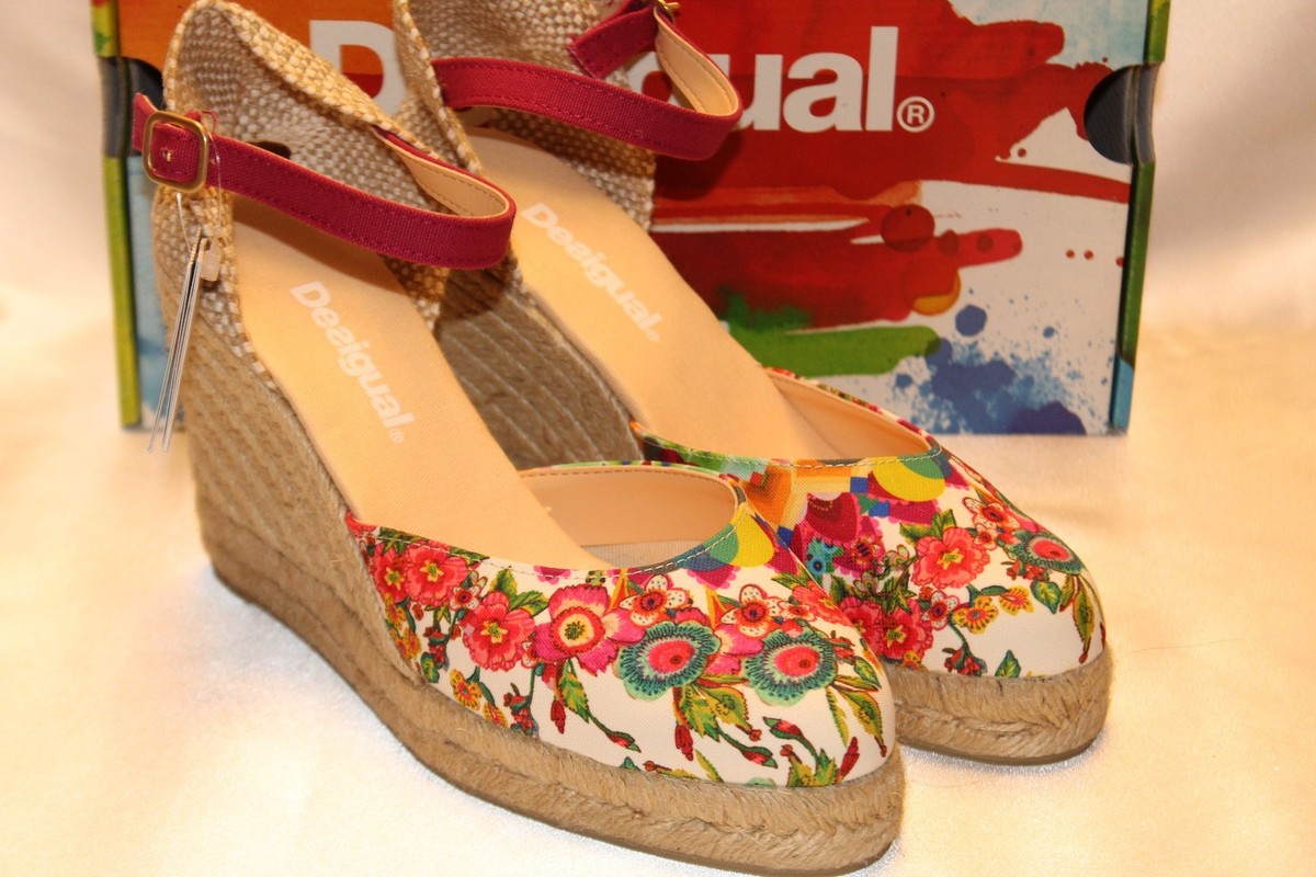 NEW! NIB! DESIGUAL Rojo Abril Mult-color Canvas Wedge Espadrille