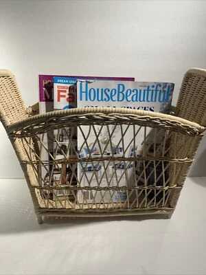 Vintage Hand Woven Creamy White Wicker Magazine Rack~Country Boho Farmhouse MCM - Image 1 of 4