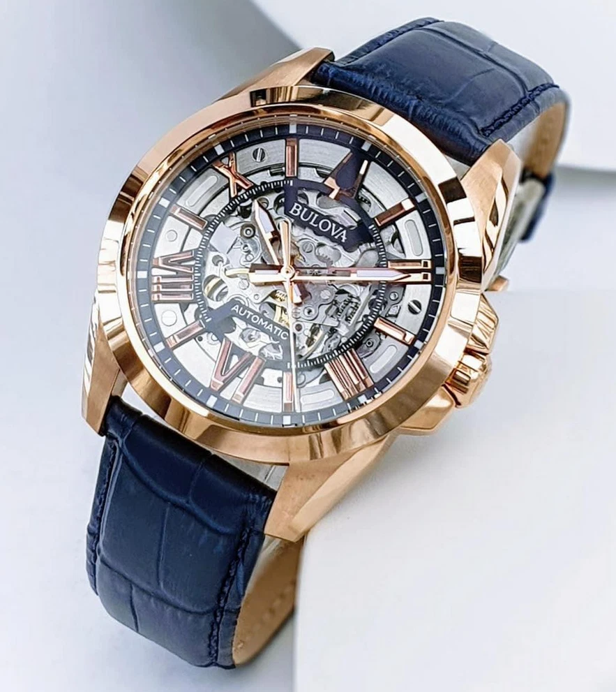 Bulova Sutton Automatic Skeleton Dial 97A161 Blue Leather Band Men s Watch