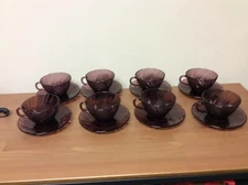 France Duralex Bormiloi Rocco Amethyst Purple Set Of 8 Tea cups & Saucers