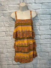 Farm Rio Gold Floral Spaghetti Strap Tiered Mini Dress Sz P