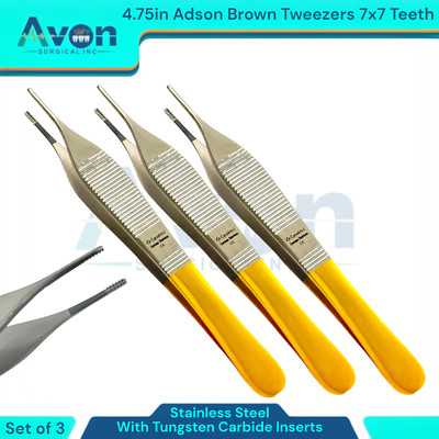 Set of 3pcs Adson Brown Forceps, 4.75in, Straight Points - Dental, Veterinary