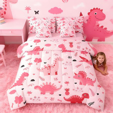 Kids Pink Dinosaur Queen Comforter Set with Sheets for Kids Boys Girls Cute Dino
