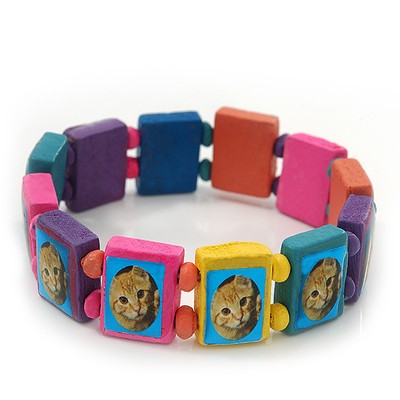 Flexarmband ''Katze'' aus buntem Holz - verstellbar