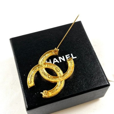 CHANEL COCO CC Logo Brooch Gold Rhinestone Vintage Authentic 174