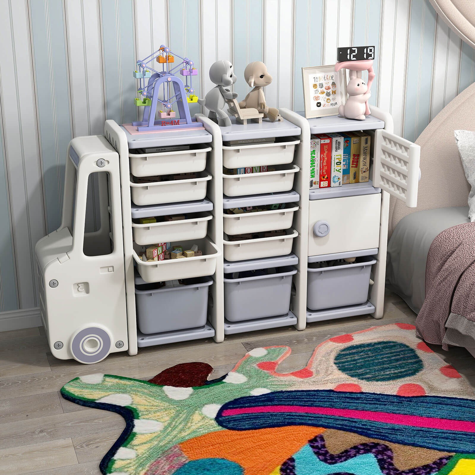 Kids Toy Storage Organizer w/2 Cabinets & 11 Removable Bins for PlayroomBedroom