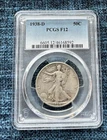 1938-D LIBERTY WALKING HALF DOLLAR PCGS F12, KEY DATE, MINTED ONLY 491,600