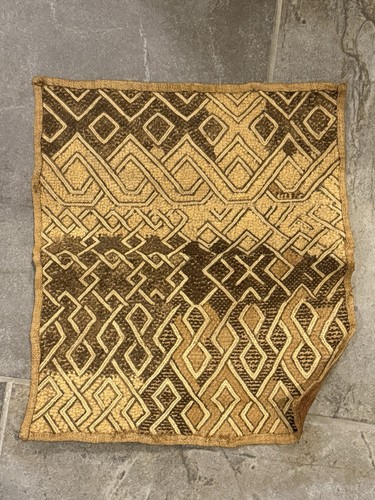 Antique African Kuba Cloth Panel Geometric Raffia Textile 14x16” Zaire