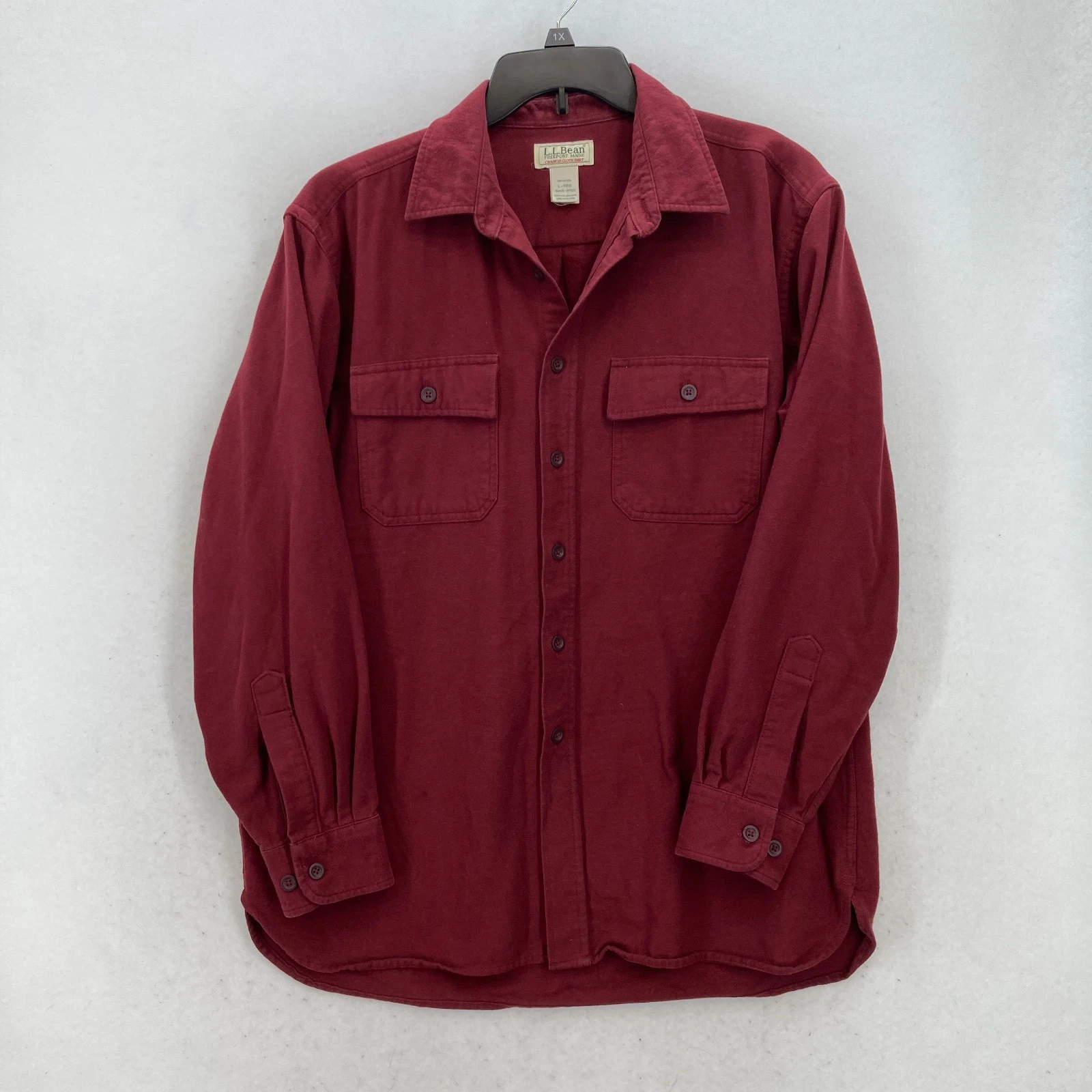 L.L. Bean Chamois Cloth Shirt Mens Large Red Flannel Pockets Long Sleeve Hiking